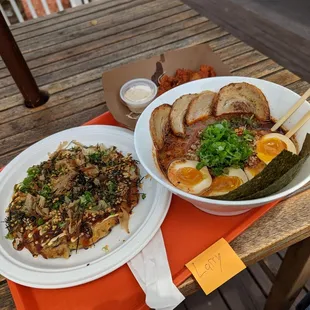 Okonomiyaki, tantamen ramen, spicy kaarage