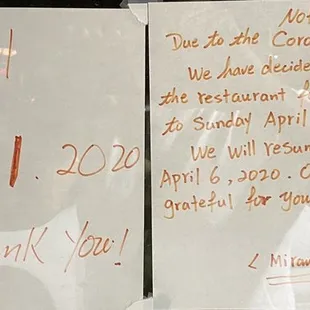 Closed until May 1st, 2020.