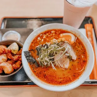 Fried chicken, Spicy Ramen, and Strawberry Assam