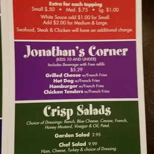 Menu: Pizzas, Salads