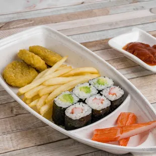 a tray of sushi and french fries