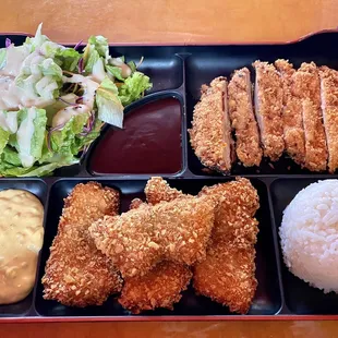 Combo Bento Box (Chicken Katsu &amp; Panko Fish) with rice &amp; salad