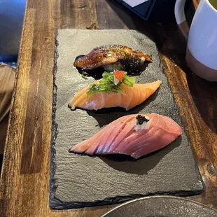 Eel, salmon, tuna