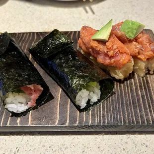 Negitoro Hand Roll, Yellowtail Scallion Hand Roll, Spicy Tuna w/ Avocado (Crispy)