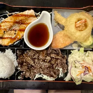 05.18.24 Dinner Bento Box - beef teriyaki, salmon teriyaki, mixed tempura