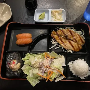 Lunch bento box w/ salmon nigiri &amp; salmon teriyaki