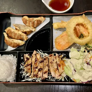 05.18.24 Dinner Bento Box - chicken teriyaki, mix tempura, gyoza