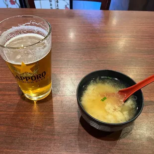 Sapporo Beer on tap and miso soup.