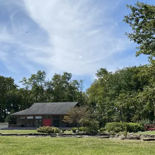 Red bridge and activity center.