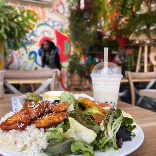 Chicken plate, Banana Boba, Dining Area, Greenery