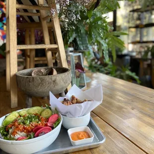 Spicy salmon bowl and chicken karaage PLUS their gorgeous green decor