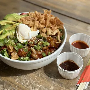 a bowl of asian food