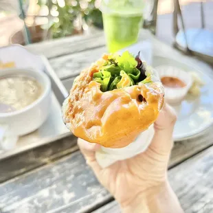 Spicy salmon bowl-Lito dipped in sauce, yum !