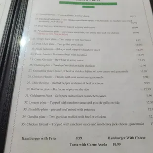 the menu of the restaurant