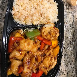 Lunch size portion of Mango Chicken with fried rice.