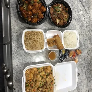 Orange chicken, Mongolian beef, chicken egg roll, crab cheese wonton, house fried rice
