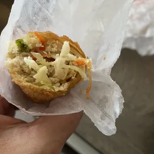 "Chicken" egg roll, it's tofu and way too much of no flavor.