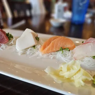 Fresh, sashimi, good pickled ginger, and spices Wasabi