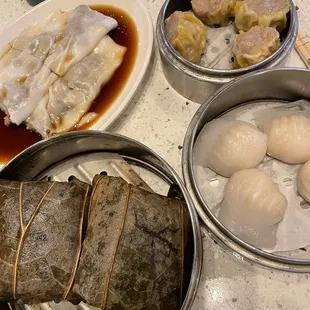 DD7 Lotus Leaf Sticky Rice, DS4 Shrimp Dumpling, DD2 Beef Rice Noodle, DS1 Shumai (Shrimp Pork)