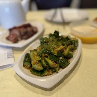 a plate of pickled cucumbers