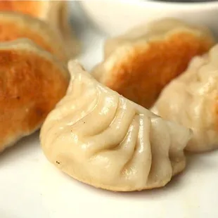 dumplings on a plate with dipping sauce