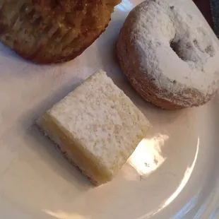 Bourbon Bread pudding muffin, baked sweet potato donut, lemon square