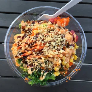 Build your own poke bowl with ahi tuna and spicy crab. A+