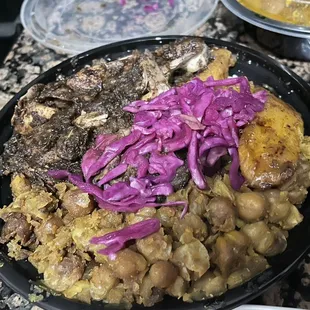 Jerk chicken, Sweet &amp; spicy plantains, ginger chickpeas, cabbage, coconut rice