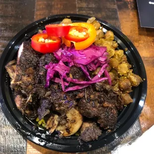 Turmeric rice, jerk chicken, roasted chickpeas, sweet peppers, pickled cabbage &amp; jerk sauce!!