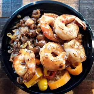 Jollof, Ginger Curry Chickpeas, Bell Peppers, Sautéed Shrimp, Garlic Barbecue