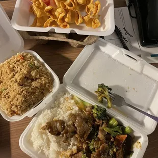 16. Beef with Broccoli Dinner Special 3. Fried Crab Rangoon and fried rice
