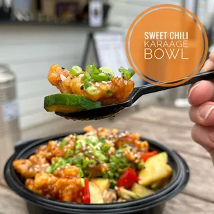 Now top your custom bowl with crispy Karaage, tossed in our homemade sweet chili sauce