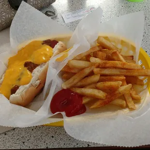 a hot dog and french fries