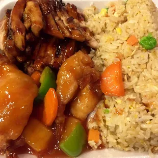 Friday Special: Teriyaki chicken, sweet and sour prawns, and upgraded fried rice