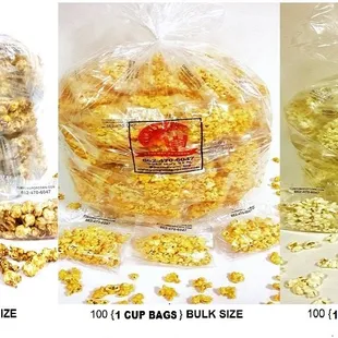 1 Bulk bag of popcorn: 100 mini clear bags with 1-cup serving of any flavor. Caramel, cheddar cheese or white cheddar. Starting at $159.99