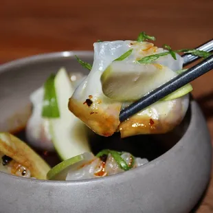 The Crystal Edamame Dumplings were made with chili-ponzu and green apple (a seasonal menu item).