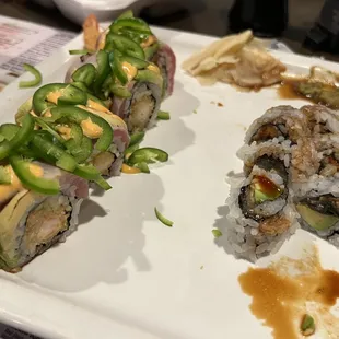 Eel roll and shrimp tempura on inside w/tuna on outside