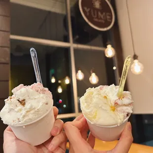Key lime pie &amp; creamy strawberry in bowl on left and raspberry mascarpone &amp; caramelized honeycomb on the right