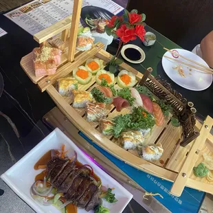 Sushi boat and bbq beef