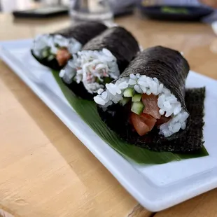 Trio hand rolls - salmon, California, and spicy tuna