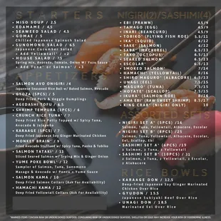 the menu for a sushi restaurant