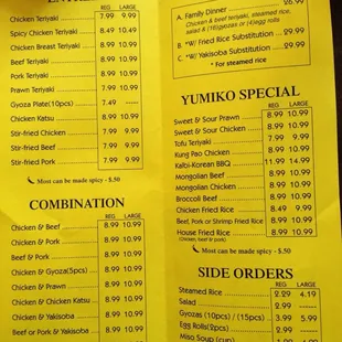 the menu and prices