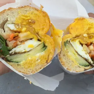 Veggie Banh Mi add egg. Pretty bland. Except for the jalapeño slices, which were incredibly spicy (someone who likes heat!)