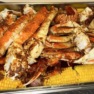 Cajun boil with crab legs and other lobster tails
