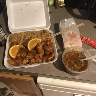 3. Orange Chicken Dinner Special with hot and sour soup