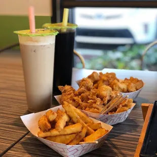 Popcorn Chicken Japanese Yam Fries Fried Tofu Milk Tea with Taro Pieces Black Mist (herbal jelly drink)