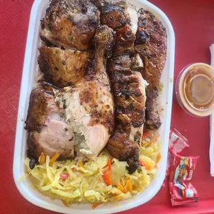 Jerk chicken, rice and cabbage