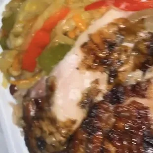 jerk chicken rice and peas and cabbage