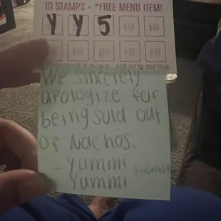 Stamp card. They were so sweet to leave an apology note after already calling to notify me