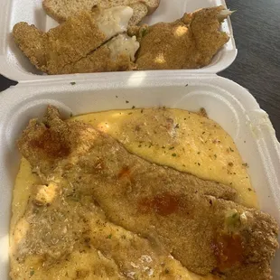 Fish (whiting) &amp; grits! The fish is fried and seasoned perfectly! The grits are great and creamy!  My coworker couldn&apos;t wait for me to grab